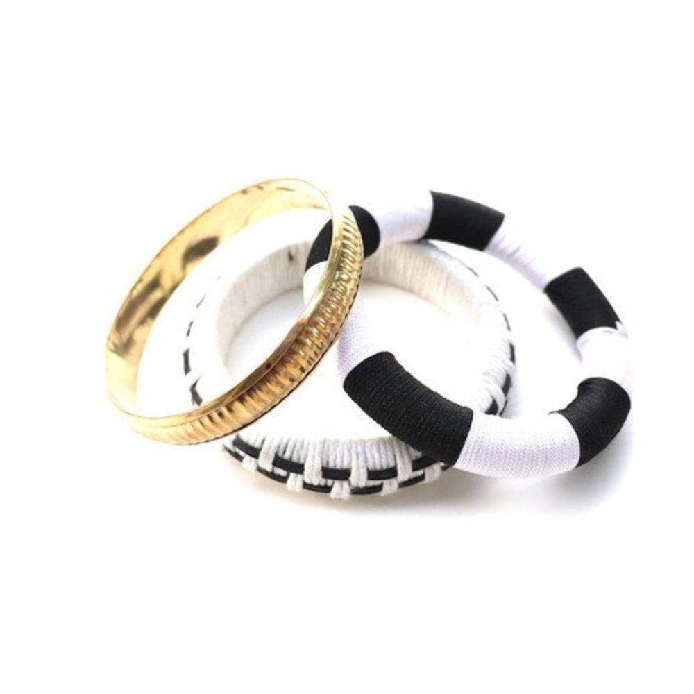 Boho Crochet and Metal Three Piece Black White Gold Bangle Bracelet Set One Size - Picture 2 of 4
